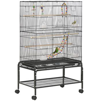 Jaula para pájaros Pawut con patas con ruedas, 4 comederos y 3 perchas, 79x49x133 cm, color negro