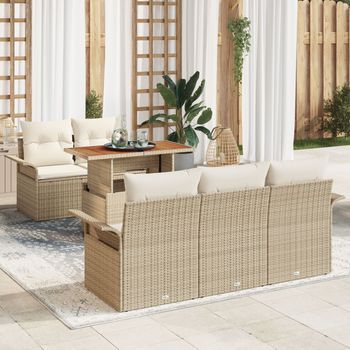 Juego De Sofá De Jardín De 6 Piezas Con Cojines Beige De Ratán De Polietileno Y Acacia V3878 Unico / Beige