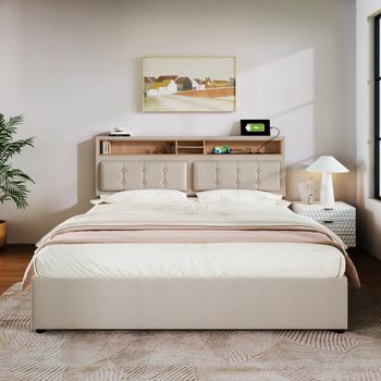Cama Doble De 160x200 Cm Con Almacenamiento, Puerto Usb-c, Cabecero Ajustable, Somier Incluido, Estructura De Lino, Color Beige.