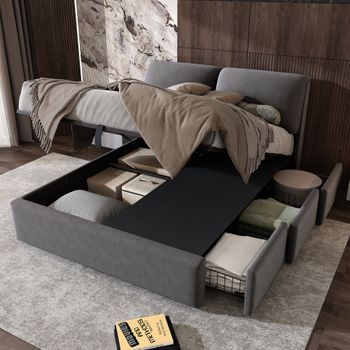 Cama Doble Tapizada En Terciopelo Gris 140x190, Somier Hidráulico, Cofre De Almacenamiento, 3 Cajones, Somier De Lamas, Cabecera
