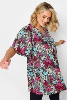 Yours Top Gris Y Rosa Floral Con Manga Ángel, Mujer Curvy Y Tallas Grandes, Yours