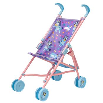 Bluey - Carrito bebé paseo juguete, mide 53 cm alto, color morado, azul y rosa, cinturón ajustable, sillita muñecas, plegado tipo paraguas, juguetes para 2 años niña, mi primer carro de muñecas,