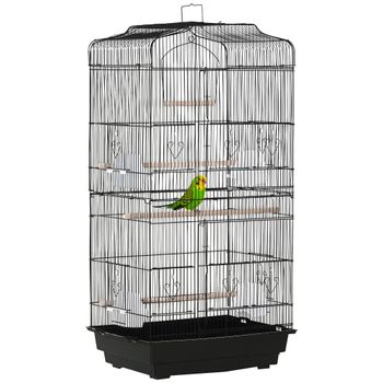 PawHut Jaula para Pájaros Pajarera de Metal con 4 Comederos 3 Perchas Columpio y Bandeja Extraíble 46,5x35,5x92 cm Negro   Aosom España