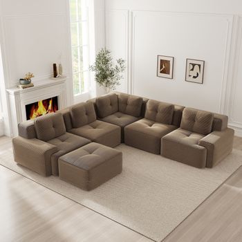 Sofá Modular De 5 Plazas De Pana Marrón, Asiento Profundo Y Otomana