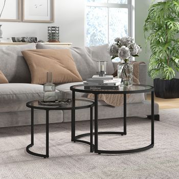 2 Mesas Nido De Acero Cristal Homcom Ø70 Cm-negro Y Transparente