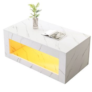 Mesa De Centro Led Blanca Con Efecto Mármol, Alto Brillo Y Almacenamiento Abierto