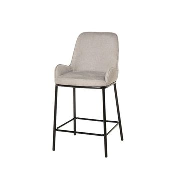 Taburete bajo en gris claro con patas de metal negro.