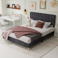 cama doble de tela gris oscuro moderna con cabecero acolchado de diseno a cuadros para habitacion pequena 140x200 cm