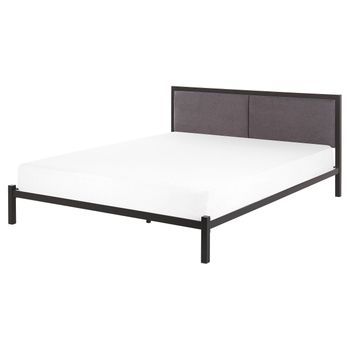 Cama De Metal Negra 160 X 200 Cm Con Somier Y Cabecero De Tela Gris Diseño Moderno Clamart