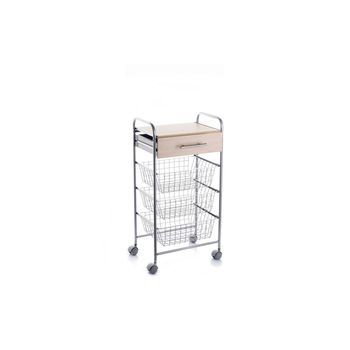Carrito De Cocina Alesia – 3 Cestas, 1 Cajón Y Encimera Color Haya En Acabado Gris Aluminio,,