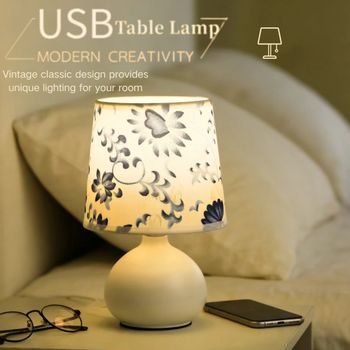 Lámpara de Escritorio Minimalista Creativa con USB para Dormitorio, Equipada con Pantalla de Tela Floral, Adecuada para Leer en el Dormitorio o Sala de Estar
