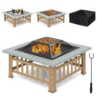 costway mesa brasero de exterior 81 cm de madera 3 en 1 brasero con parachispas rejilla para leno rejilla para barbacoa cobertura para lluvia gris