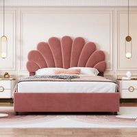 cama de 140 x 200 cm cabecero ajustable con estampado floral almacenamiento hidraulico tapizado en terciopelo rosa sin colchon incluido