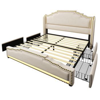 Cama Tapizada 160x200cm - Cama De Dos Plazas Con 4 Cajones - Iluminación Led Y Puerto De Carga Usb-c - Cama Con Almacenamiento - Beige - Con Colchón