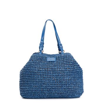 bolso tote de croché con charm de corazón de colores y borde de rafia blue