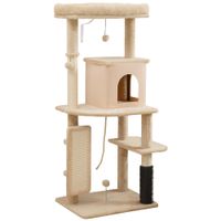 pawhut arbol rascador para gatos 132 cm con plataformas poste con cepillo bolas colgantes y almohadilla para rascar beige