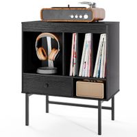 costway soporte grande para tocadiscos armario de vinilos moderno de mitad de siglo con compartimentos abiertos soportes y cajon para albumes negro