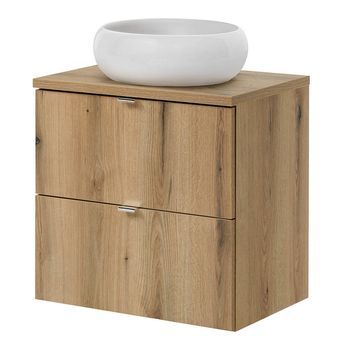 Mueble Bajo Newport Con Lavabo Redondo De Cerámica 2 Cajones 60x72x40 Cm - Efecto Roble [en.casa]