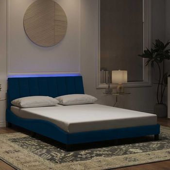 Cama Matrimonial | Cama Para Adultos | Estructura De Cama Con Luces Led Terciopelo Azul 140x190 Cm Cfw37309