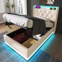cama individual acolchada con cofre hidraulico led 360 boton de presionappcontrol remoto usb tipo-c 90x200 cm blanco pu con colchon
