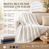 manta multiusos vintage 100 algodon con flecos textura cuadros en relieve cubrecama protector sofa extra grande 230x260cm 5 colores blanco caqui cafe negro azul decoracion hogar