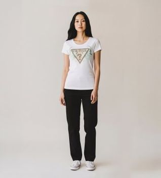 Guess para mujer. W6GI12K3027 Camiseta Flower Triangle blanco (M), Casual, Algodón, Manga corta