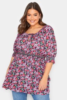 Yours Top De Flores Rosas Con Cinturilla Fruncida, Mujer Curvy Y Tallas Grandes, Yours
