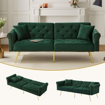 Sofá Cama De Terciopelo De 2 Plazas - 173 X 75 X 70 Cm - Patas De Metal Dorado - Con Función De Descanso - Verde Antiguo