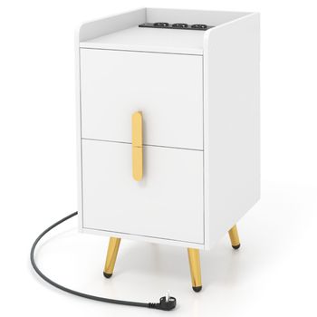 Costway Mesita de Noche con 2 Cajones Estación de Carga Patas de Metal Resistente 2 Puertos USB 3 Salidas Mesitas Auxiliares para Sofá
