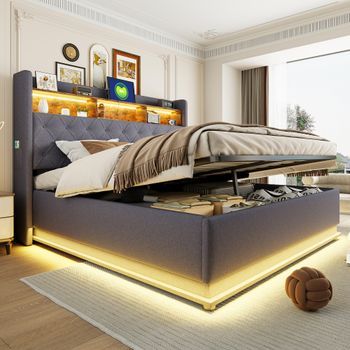 Cama Con Canapé De 180 X 200 Cm Y Cabecero Con Canapé - Carga Usb Y Led - Tejido De Lino - Gris