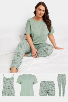 Yours Conjunto 4 Prendas Pijama Algodón Verde Estampado Jungla