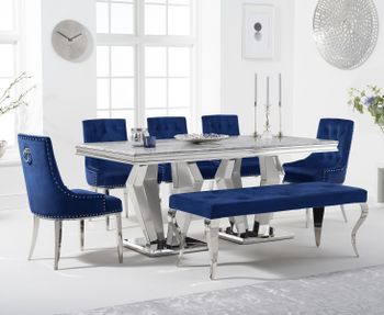 Viscount 180cm Marble Dining Table with Talia Velvet Chairs and Blue Fitzrovia Bench - Grey, 2 Chairs