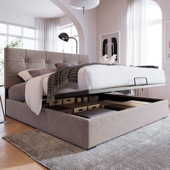 Cama Doble Tapizada 140x200 Gris Claro Terciopelo, Hidráulica, Cabecero Ajustable, Somier Lamas Metal, Diseño Moderno