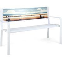 costway banco de jardin banco de metal para patio de 2 plazas con respaldo decorativo asiento de listones reposabrazos sillon para 2 personas blanco