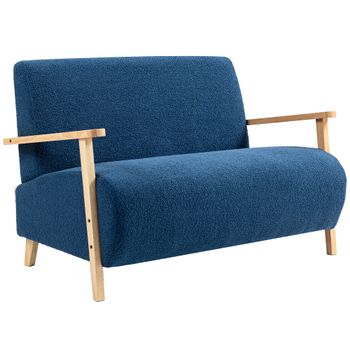 HOMCOM Sofá de 2 Plazas Tapizado en Borreguito 118 cm con Acolchado Grueso Reposabrazos y Patas de Madera Azul Oscuro