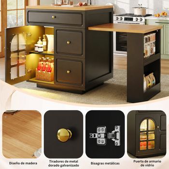 Isla De Cocina Extensible De 122,5 A 195,5 Cm Con Vitrina De Cristal, Negra