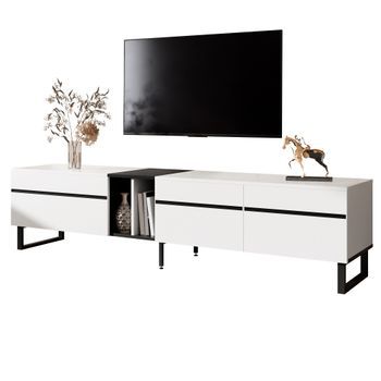 Mueble Para Tv - Puerta Abatible Y Compartimentos Abiertos - Tablero De Partículas - Blanco (180x38x45cm)