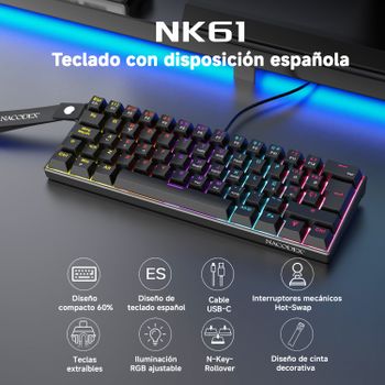 AJAZZ NK61 Teclado Mecánico con Cable, formato 60%. Incluye cordón para teclado para una fácil portabilidad. Ideal para oficina y gaming esports. Intercambiable en caliente en todas las teclas,