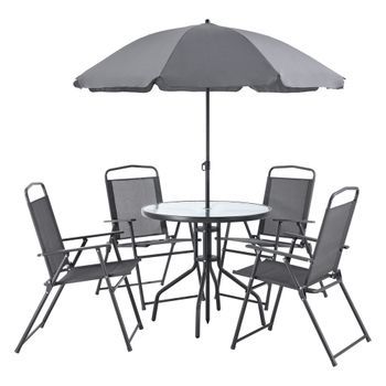 Set De Muebles De Jardín Milagro - Para 4 Personas - Conjunto De Muebles De Exterior Con Sombrilla - Terraza - Patio - Set De 4 Sillas - Mesa - Protección Sol - Negro Y Gris Oscuro [en.casa]®