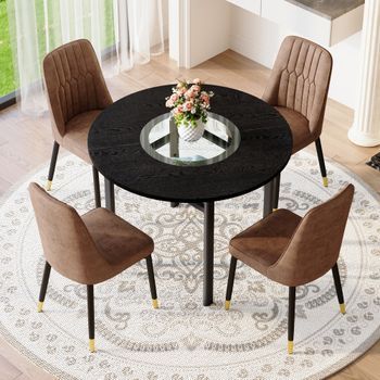 Mesa Y 4 Sillas - Mueble De Comedor - Mdf, Metal Y Tejido - Marrón Y Negro (100x100cm)