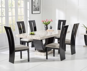 Raphael 170cm Cream and Black Pedestal Marble Dining Table with Verbier Chairs - Black, 4 Chairs