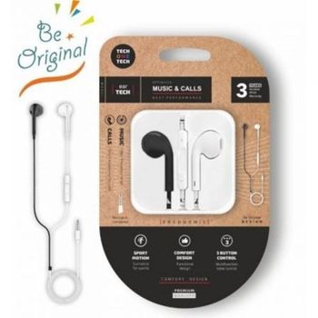 Auriculares Tech One Tech earTECH Be Original con cable Mini Jack 3.5 mm, micrófono y controles, blanco y negro