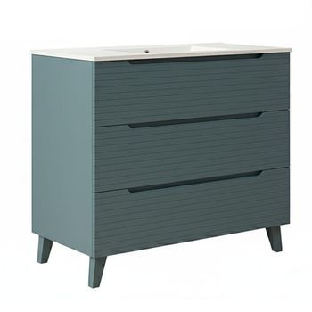 Kibath Mueble De Baño Con Lavabo Boreal 100x45 Cm Acabado Azul Oceano Mate 3 Cajones Con Patas