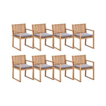 Conjunto De 8 Sillas De Jardín De Madera De Acacia Certificada Marrón Con Cojín De Asiento Gris Resistente Al Agua Sassari Ii - Madera Clara
