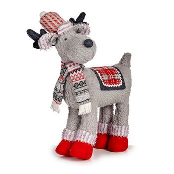 Figura Navideña De Tela. Diseño De Reno Con Bufanda. 48x25x45 Cm. Color: Gris