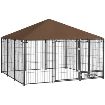 PawHut Perrera con Toldo y Soporte Giratorio para Comida 2 Cuencos Incluidos 211x211x151 cm Negro y Café