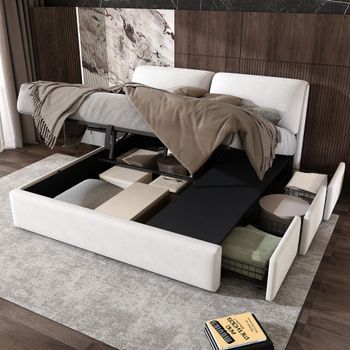 Sweiko Cama Tapizada Doble 180x200 Cm Hidráulica 3 Cajones Almacenamiento Somier Láminas,beige Sin Colchón