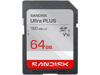 Tarjeta SD - SANDISK Ultra Plus, 64 GB, UHS-I, Vídeo Full HD, V10, U1, C10, Resistente al Agua, Plata