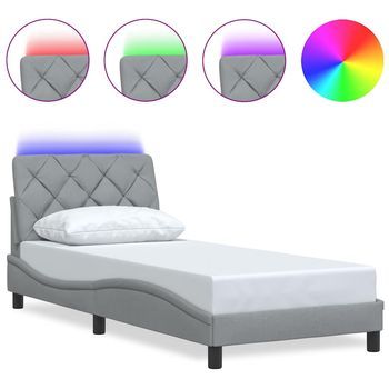 Cama Individual | Cama Para Adultos | Estructura Cama Con Led Sin Colchón Tela Gris Claro 90x190 Cm