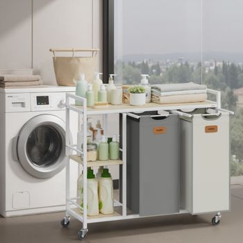Cesto para ropa sucia de 200 l con 2 compartimentos y estantes